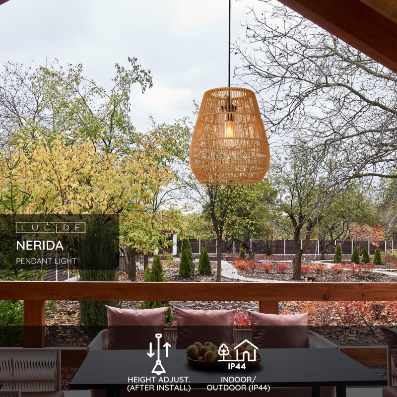 Lucide NERIDA - Závesné svietidlo Vonkajšie - Ø 35 cm - 1xE27 - IP44 - Prírodné